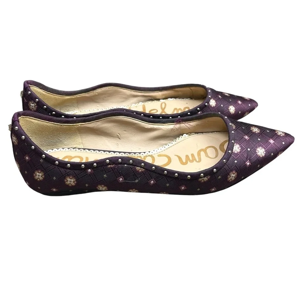 Sam Edelman Women Purple Pointed Toe Flats Size 6.5 Jacquard Studded Floral - Picture 3 of 13